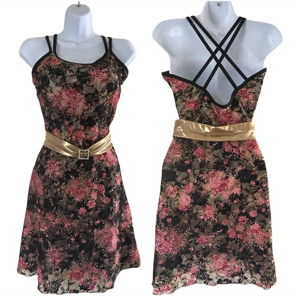 Vintage Sash Belted Floral Tank Dress Pink Black With Gold Sewn in Fabric Belt L